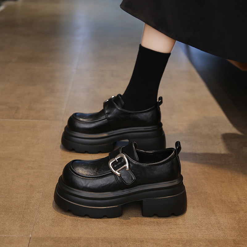 真皮厚底乐福鞋女春季2025新款小个子增高魔术贴单鞋英伦风小皮鞋