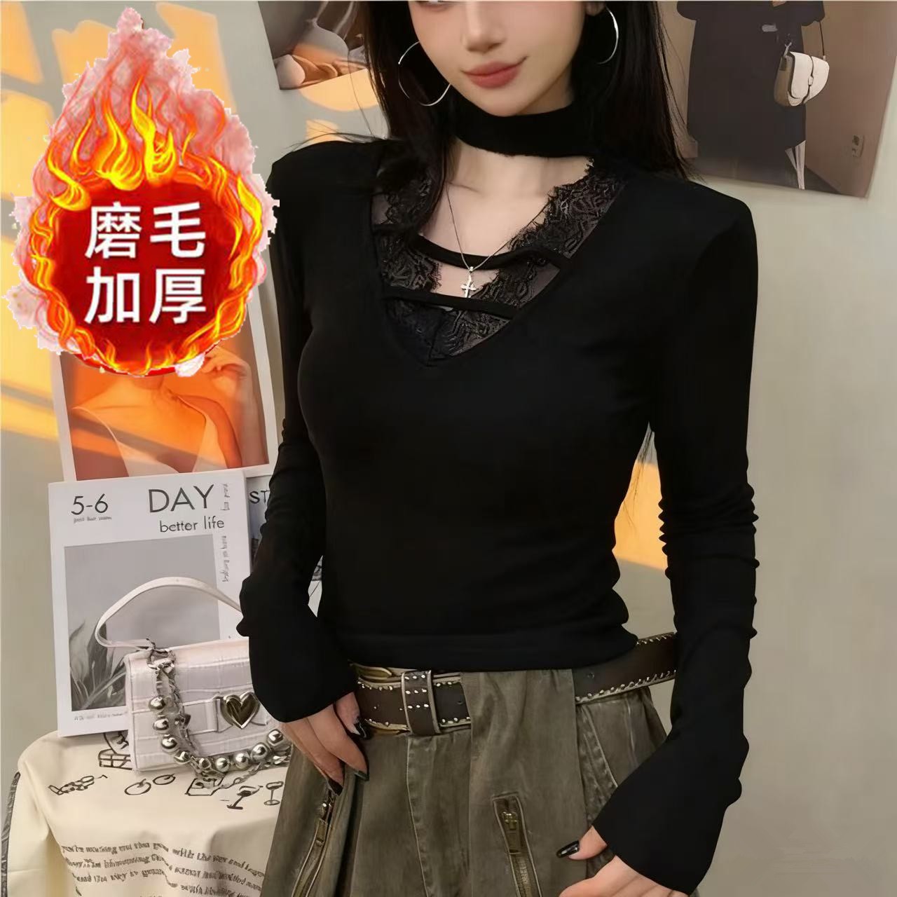 微胖MM大码女装秋冬性感辣妹风内搭长袖T恤V领蕾丝花边磨毛打底衫