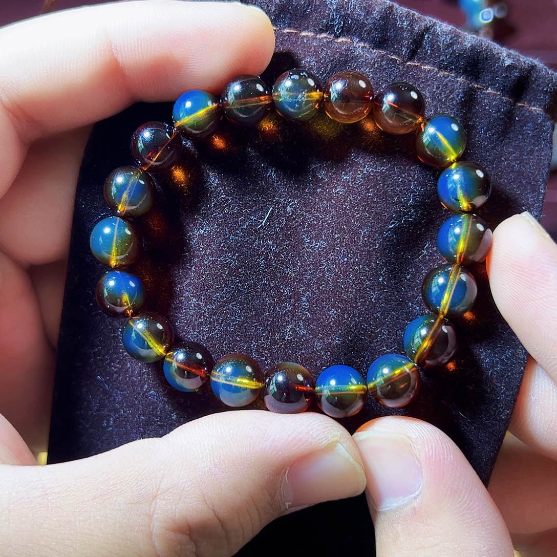 蓝珀珠宝奇石未镶嵌墨西哥红蓝9mm异色珀