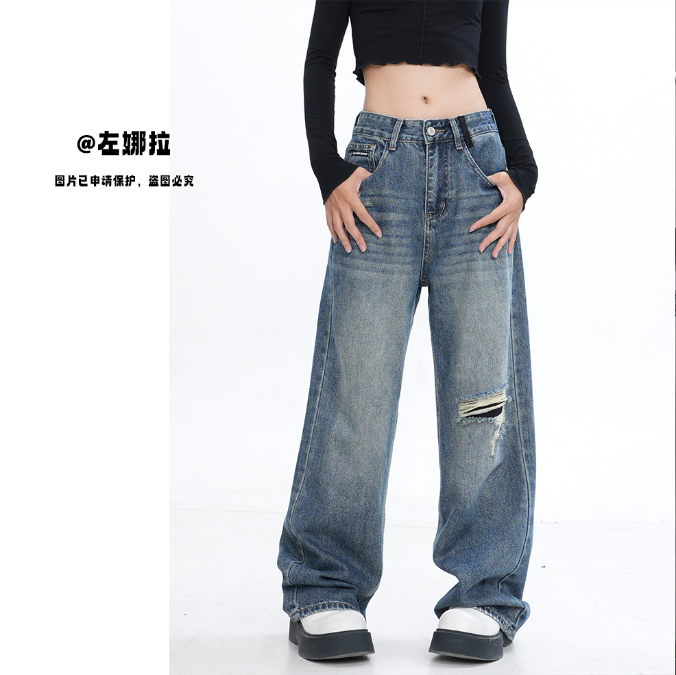 【B962】春季新款假破洞中高腰显瘦宽松牛仔裤-窄版直筒裤