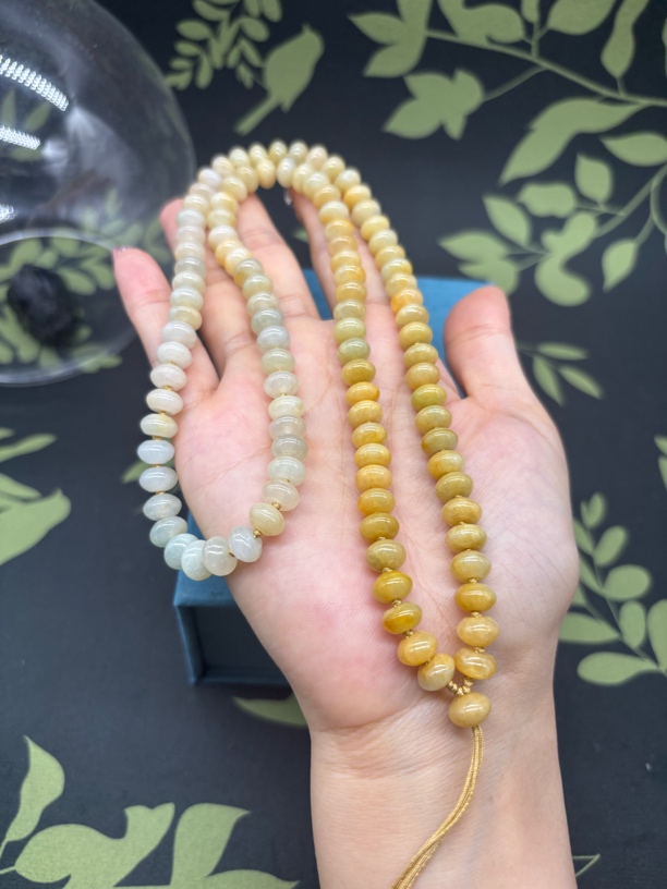 高端天然缅甸A货翡翠老坑黄翡算盘珠8mm玉石挂件绳毛衣链长链百搭