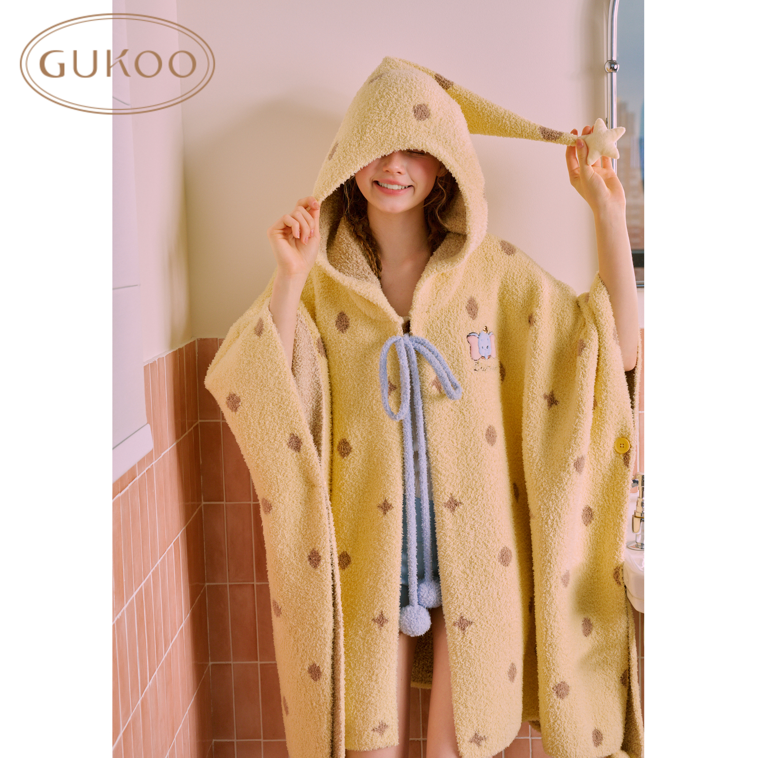 【Gukoo果壳】小飞象联名半边绒雪尼尔睡袍披风家居服