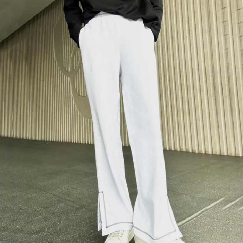 时尚松紧腰休闲开叉直筒裤高腰常规白色长裤5100539