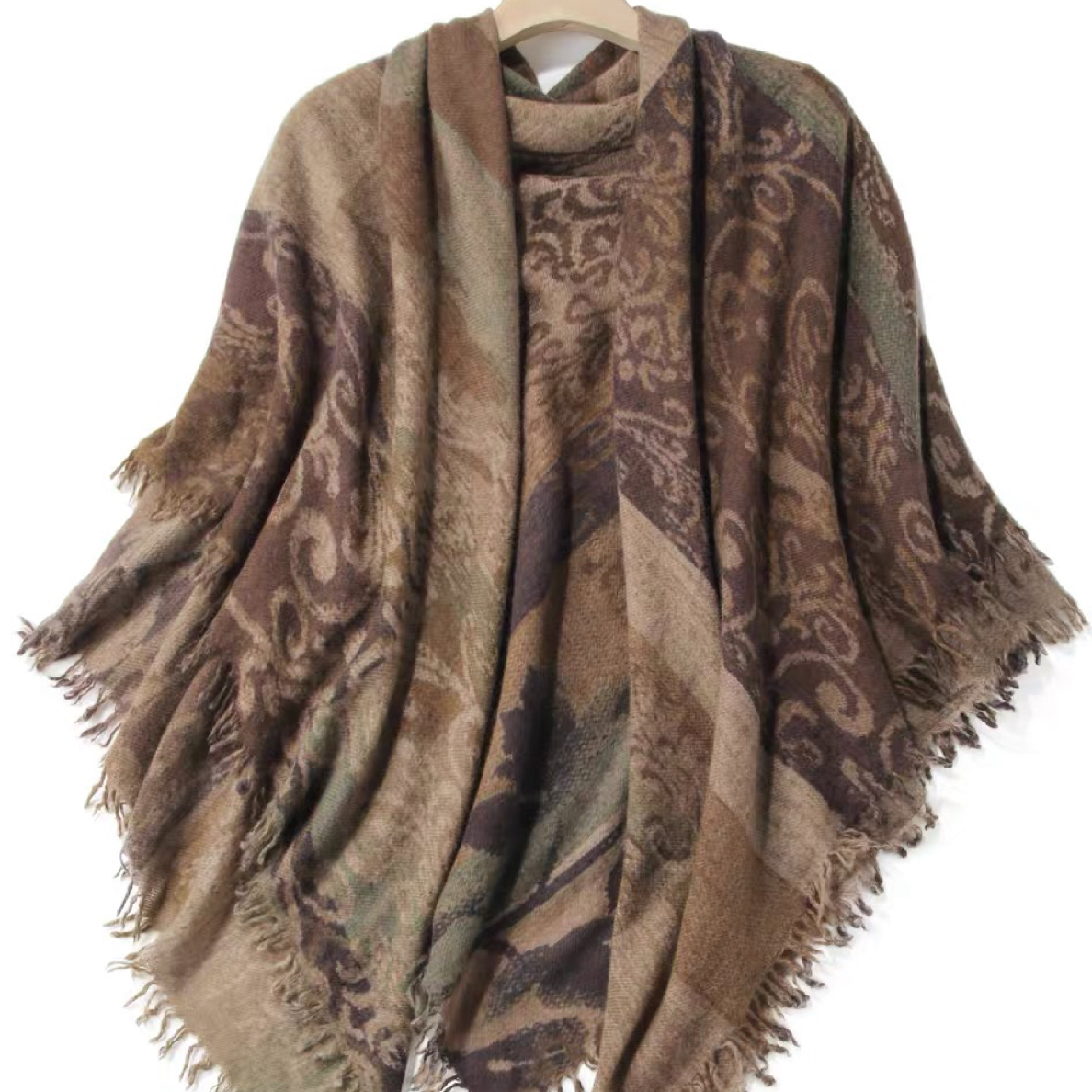 山羊绒大方巾薄款女春秋百搭时尚印花毛边披肩两用新款复古民族风