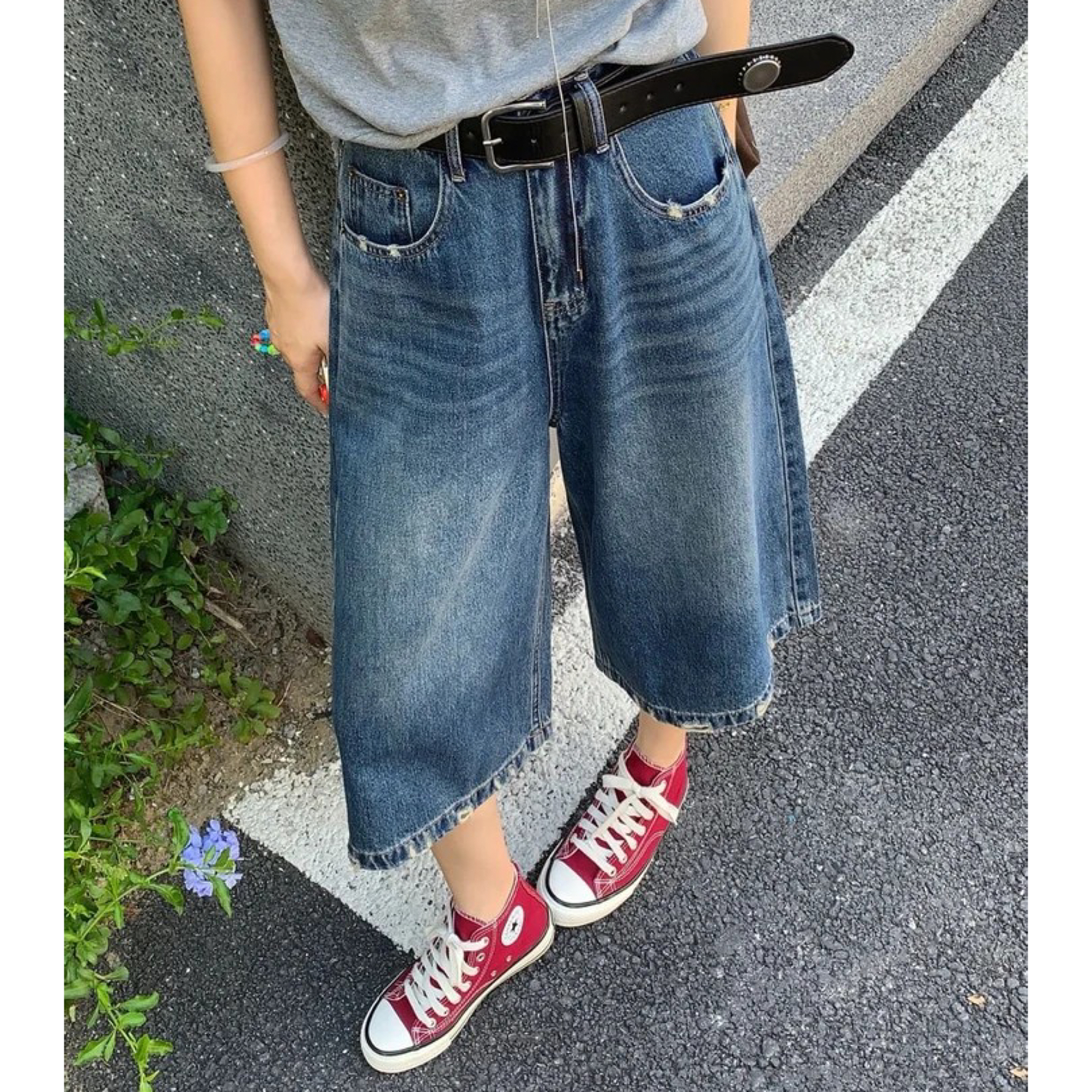 【送腰带】复古高腰夏季薄款七分牛仔裤女显瘦宽松直筒阔腿裤7592 W