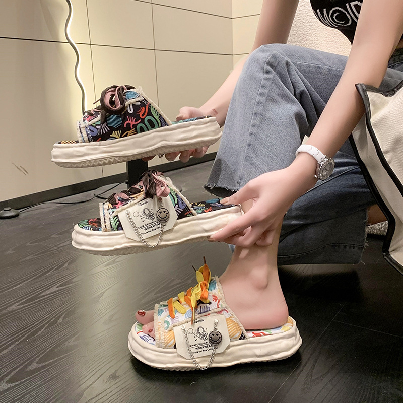 2024个性涂鸦溶解厚底拖鞋女夏外穿新款帆布凉拖网红爆款奶呼呼鞋