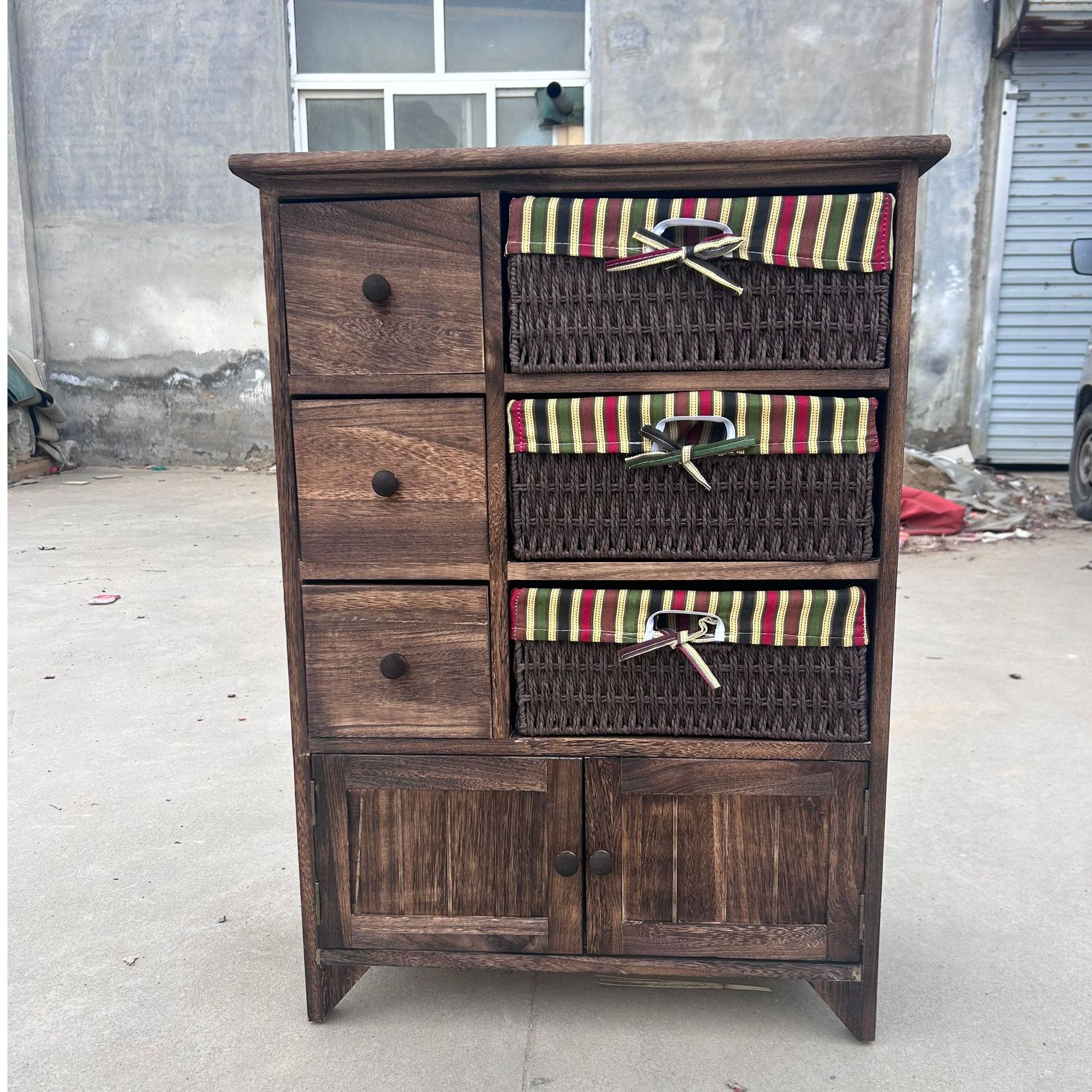 复古美式实木斗柜床头柜藤编抽屉式收纳储物柜小柜子简易卧室边柜