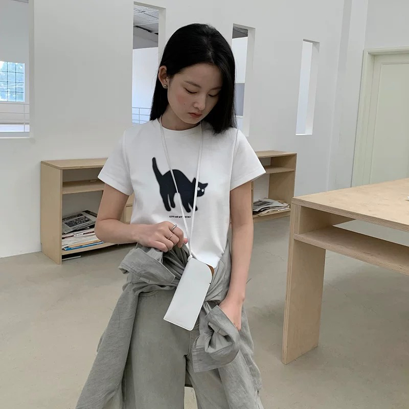  简韩休闲风猫咪印花短版T恤女2025春季新款圆领短袖上衣