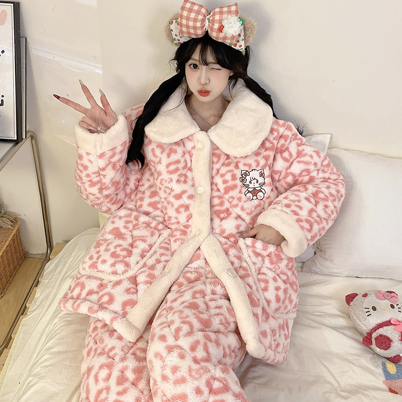 夹棉睡衣女士秋冬季三层加厚加绒卡通豹纹冬天衣裤家居服保暖套装
