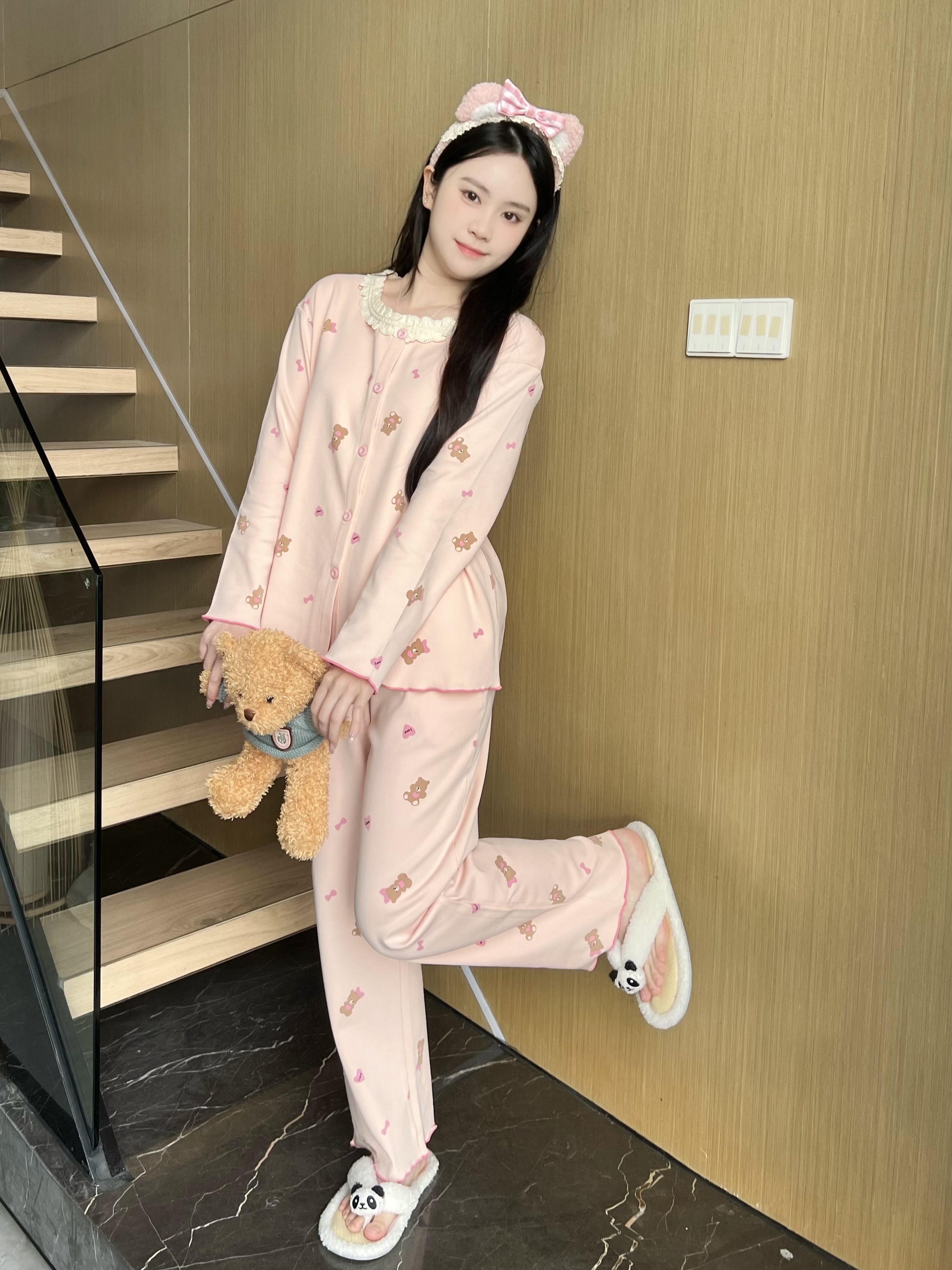 【带胸垫】2025新款花边睡衣纯棉家居服套装大码长袖长裤