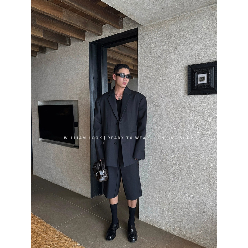 威廉威.暴雨锋灰/羊毛混纺衬衣袖廓形西装短裤套装/知识分子Z254