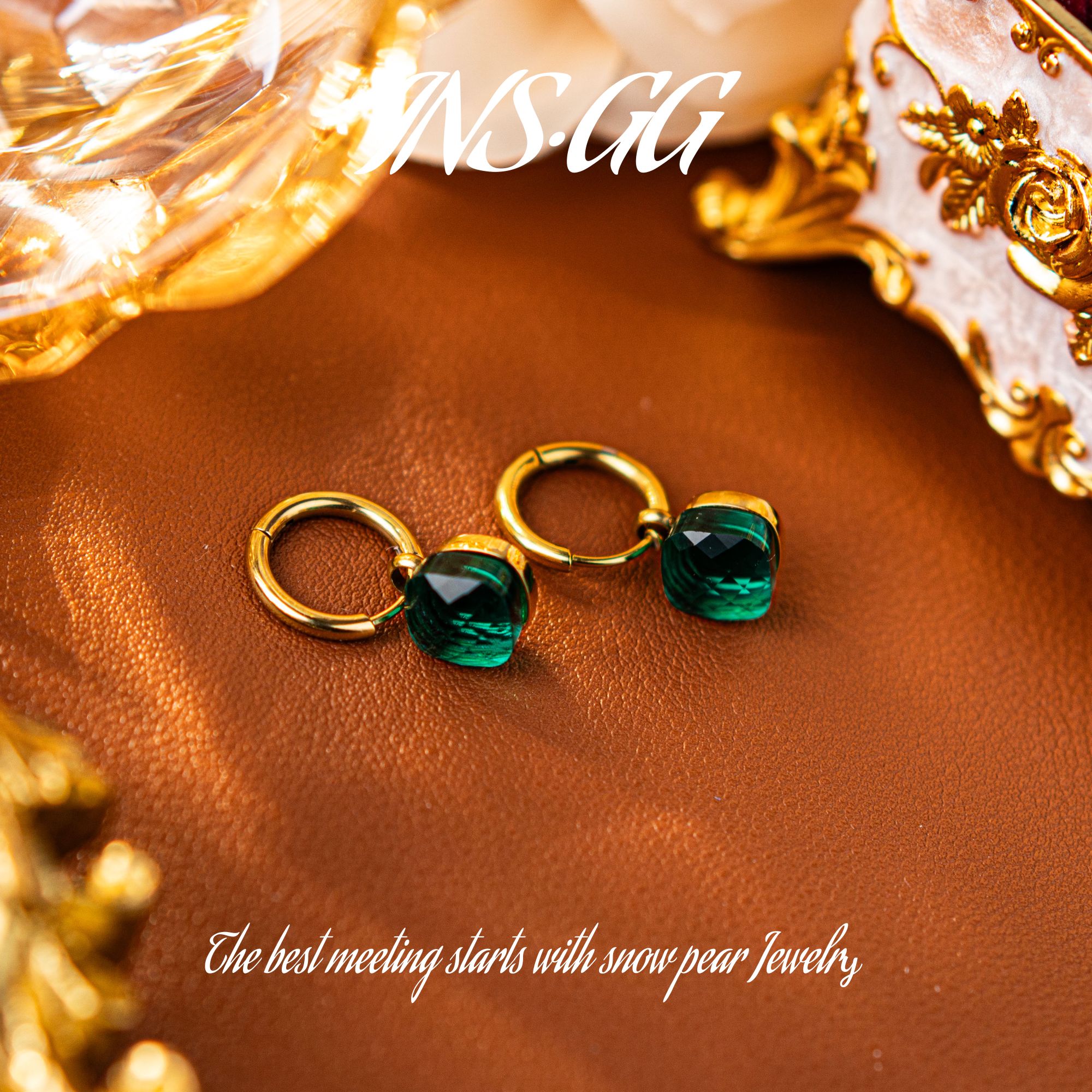 钛钢仿水晶耳饰 【INS·GG】轻奢镶嵌绿色复古精致小众气质耳环E286