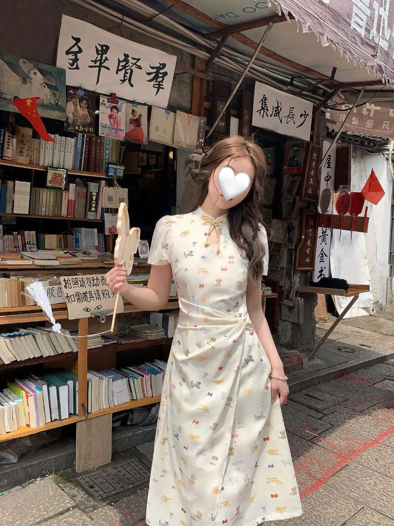 【丸子家】大码猫咪与狗狗改良可爱风旗袍裙8652长8651短