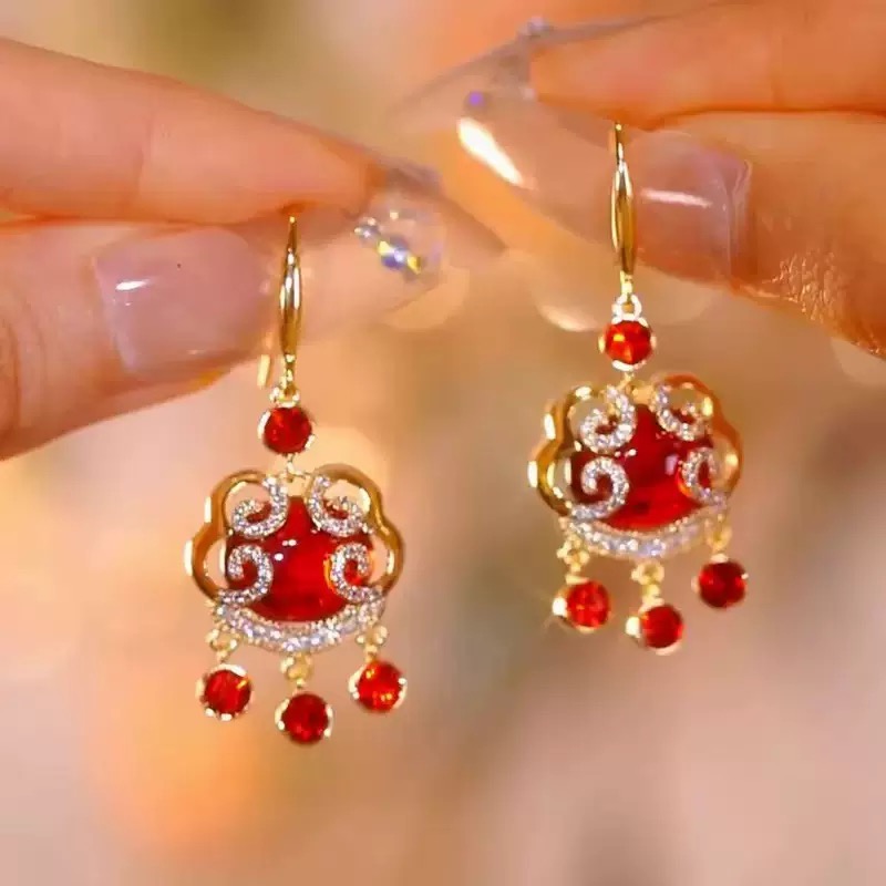 合金树脂耳饰 气质轻奢时尚百搭复古红色小众中国风古风国潮A293