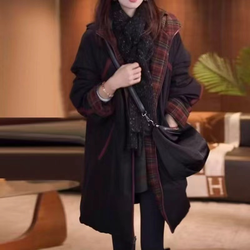 时尚洋气拼接连帽棉服外套2025秋冬季新款大码女装显瘦潮流外套