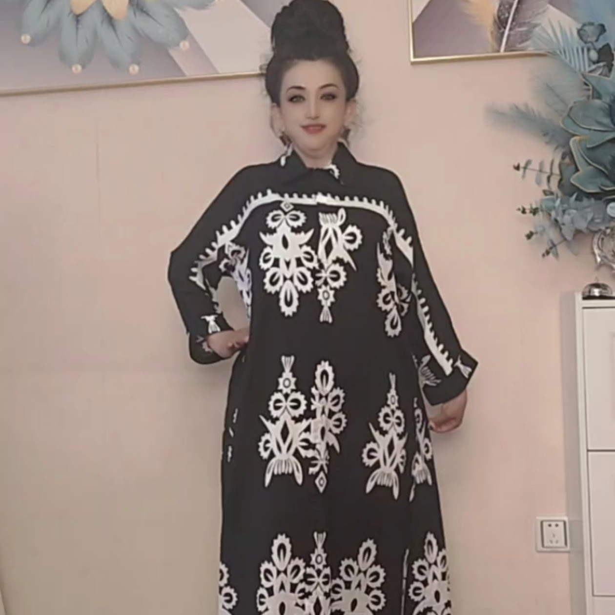 欧美时尚长袖翻领印花衬衫式长款连衣裙春秋通勤必备