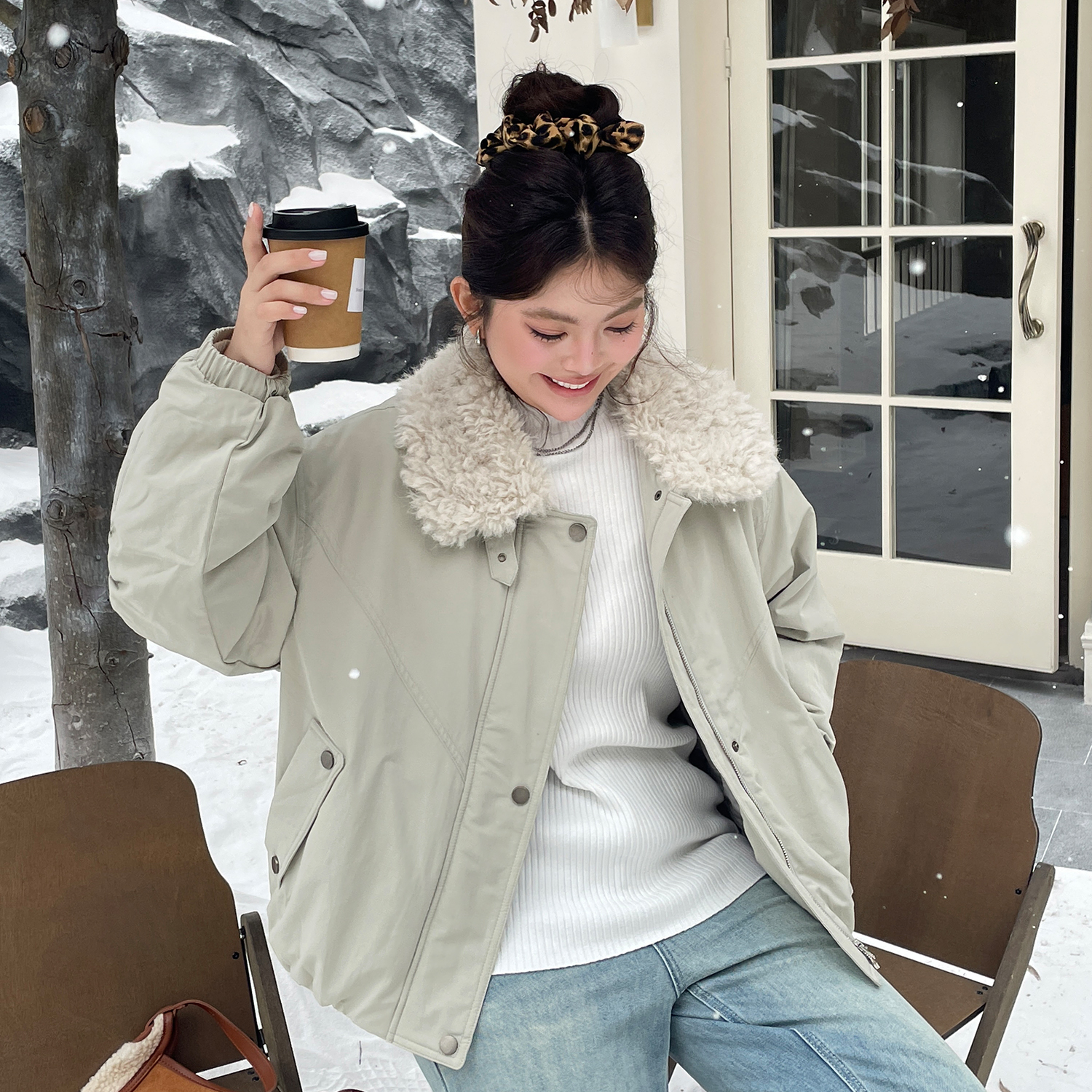 小草宽松定制2025独特漂亮初冬加厚毛领外套大码胖mm韩系工装夹克