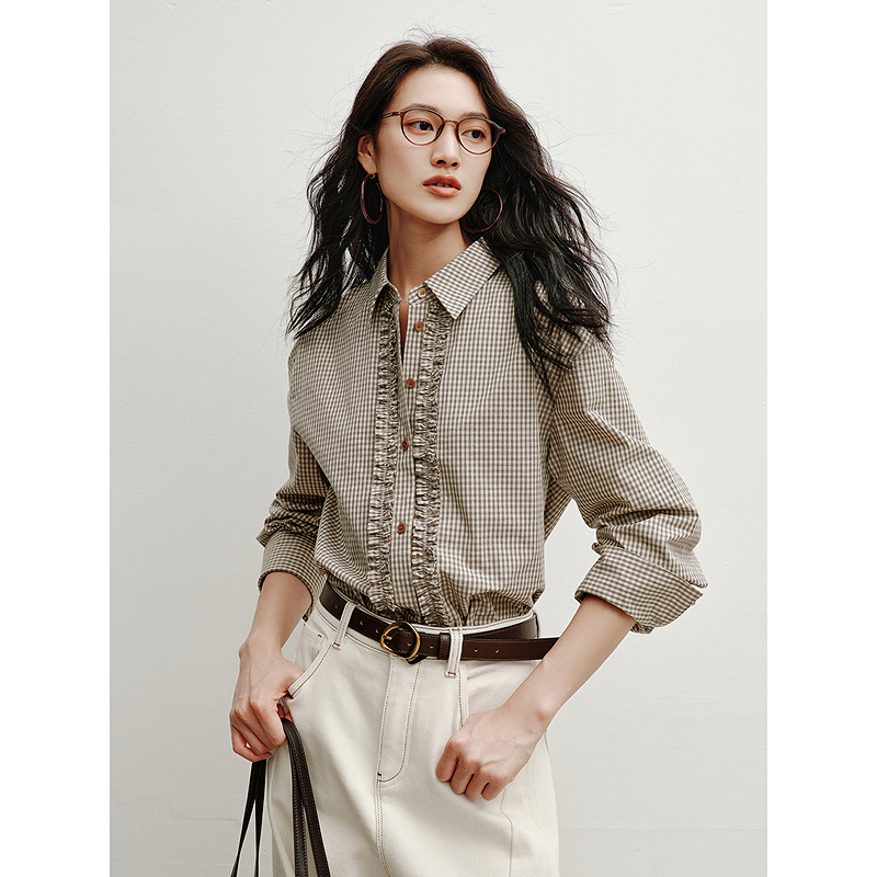 衣香丽影【100%棉】格纹木耳边衬衫女2025年冬装新款法式小资上衣