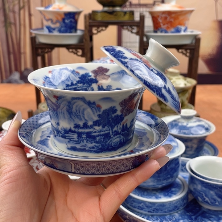 摆件陶富春山居图马蹄盖碗