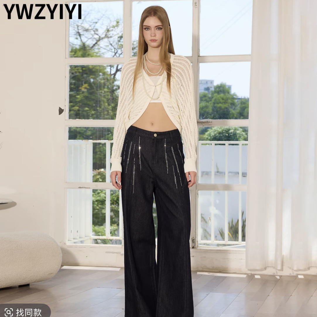 颜外之衣 藏蓝色烫钻装饰阔腿垂坠感牛仔长裤25秋新款 YLWWA1K603