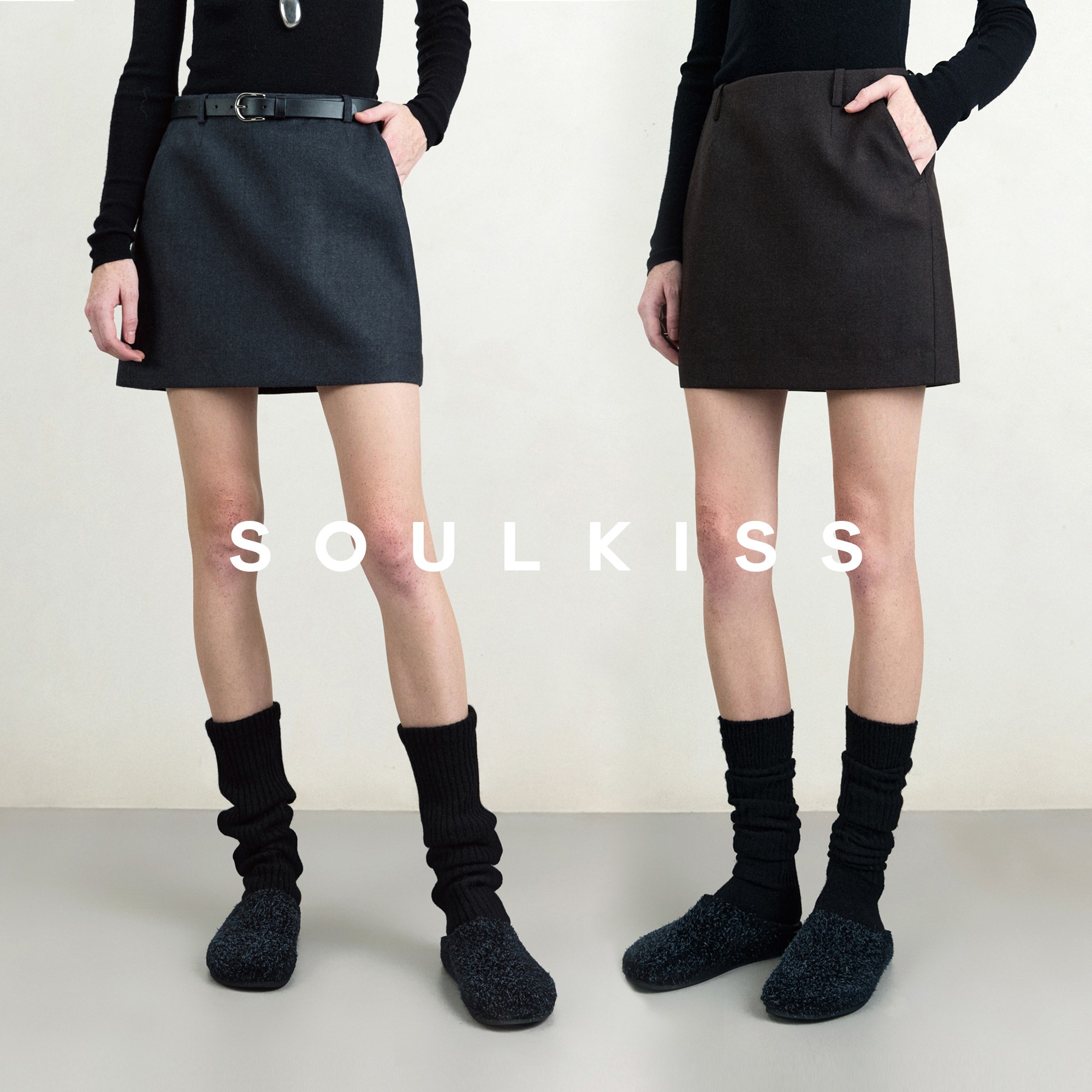 SOULKISS佰搭B入 腿长2米8日本进口亚麻防走光迷你包臀短半身裙