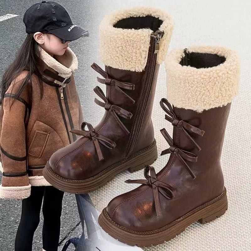 女童高靴儿童长筒靴子2025秋冬新款二棉高筒皮靴公主加绒保暖棉靴