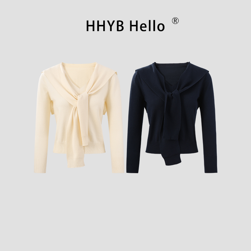 HHYB Hello设计感一体飘带V领上衣2025秋海军领假两件针织衫M1323