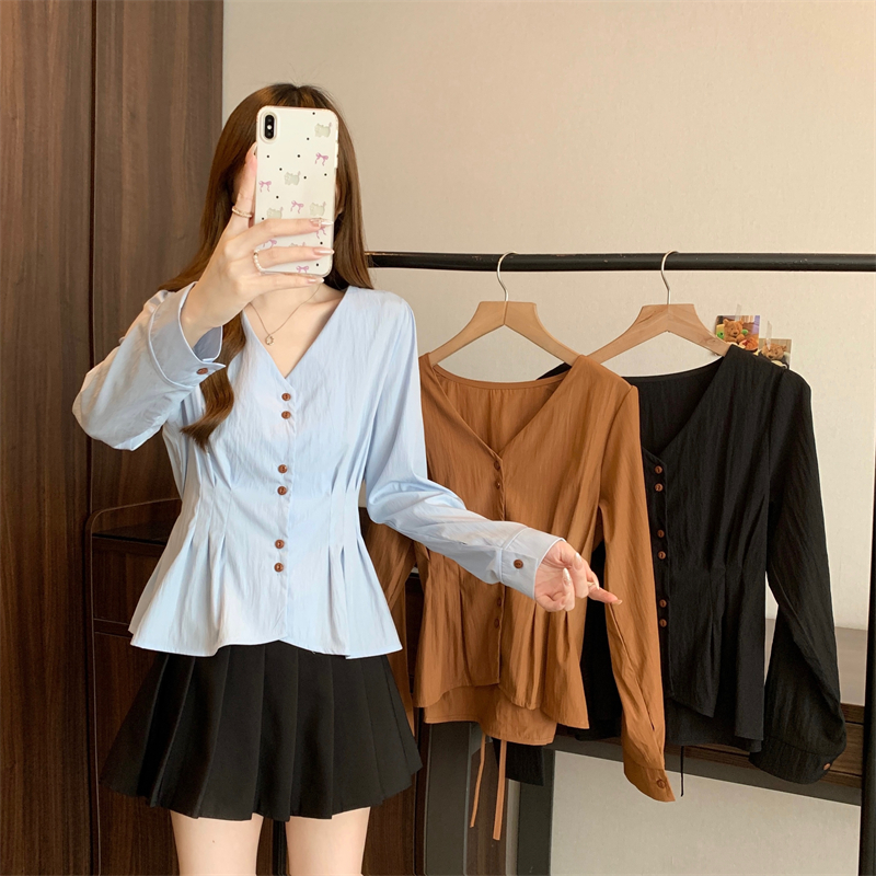 大码女装2025春季新款时尚休闲显瘦收腰V领长袖衬衫1502