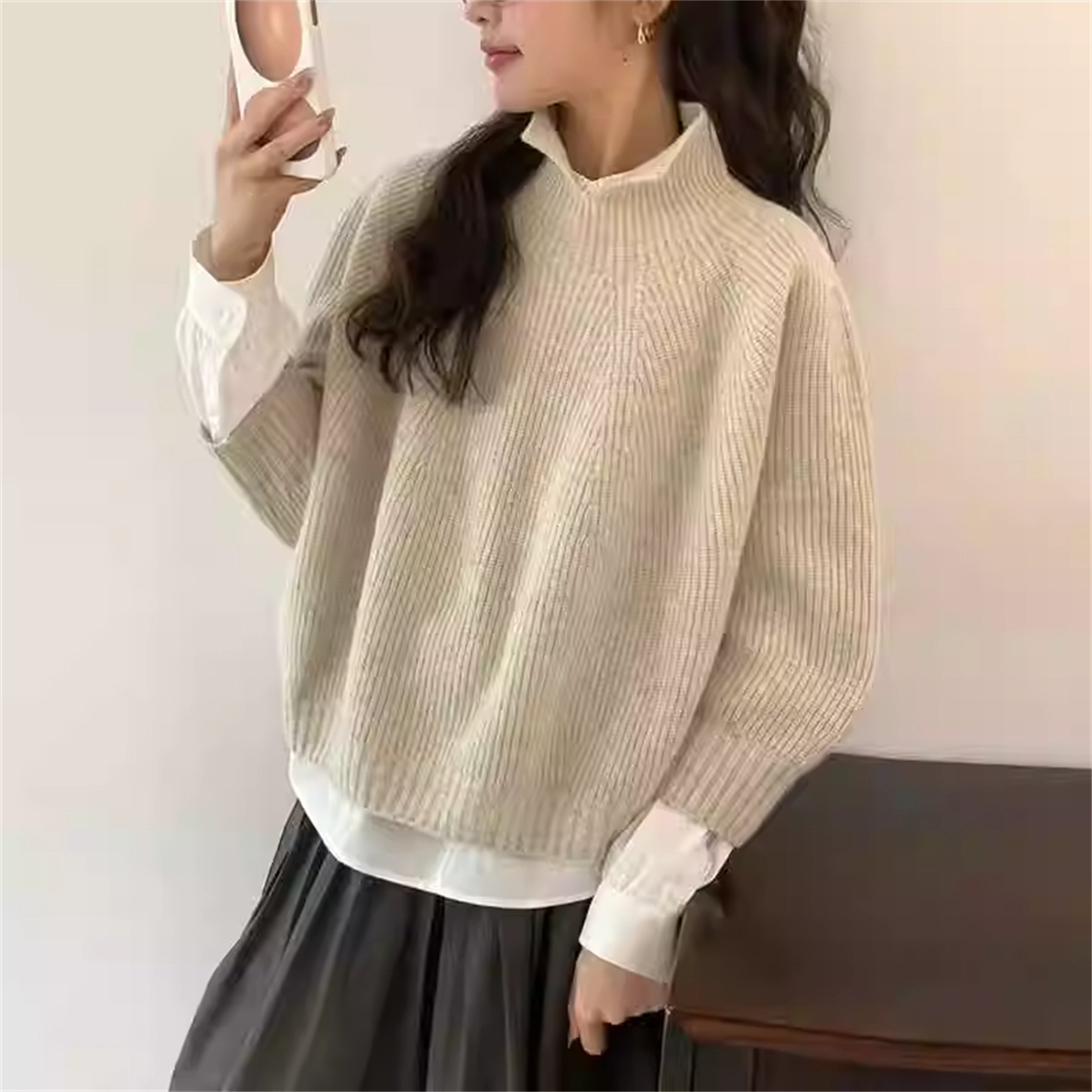 大码胖MM半高领针织打底衫女秋季新款慵懒风宽松显瘦遮肚套头毛衣