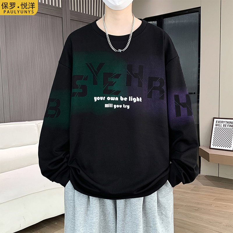 保罗悦洋秋季新品男士休闲圆领卫衣渐变字母青少年套头T恤打底衫