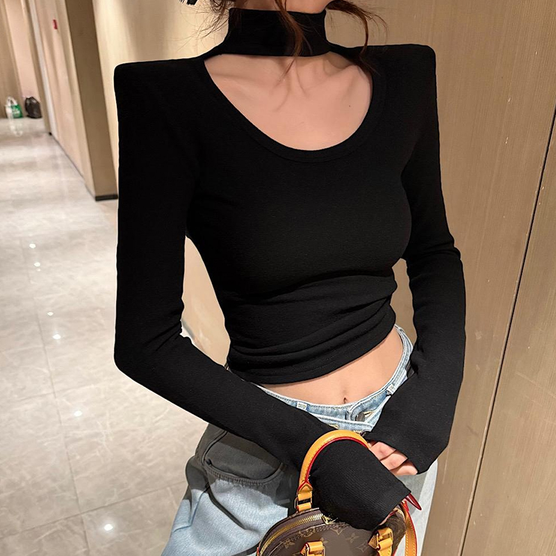 2025早秋新款挂脖正肩洋气百搭长袖T恤打底衫女款内搭女打底衫