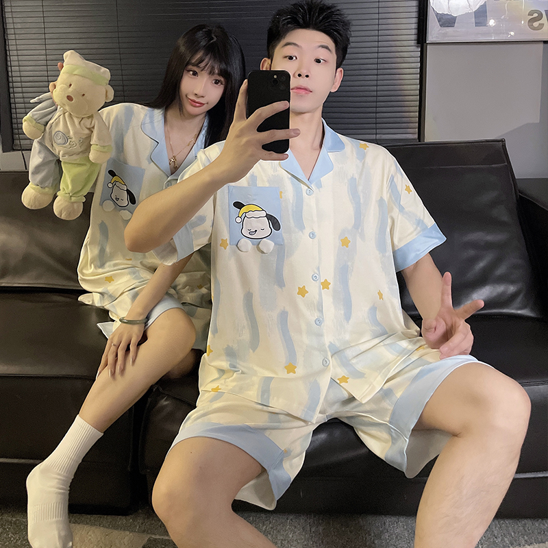 100%纯棉情侣睡衣短袖夏季卡通线条小狗套装男女士宽松短裤家居服