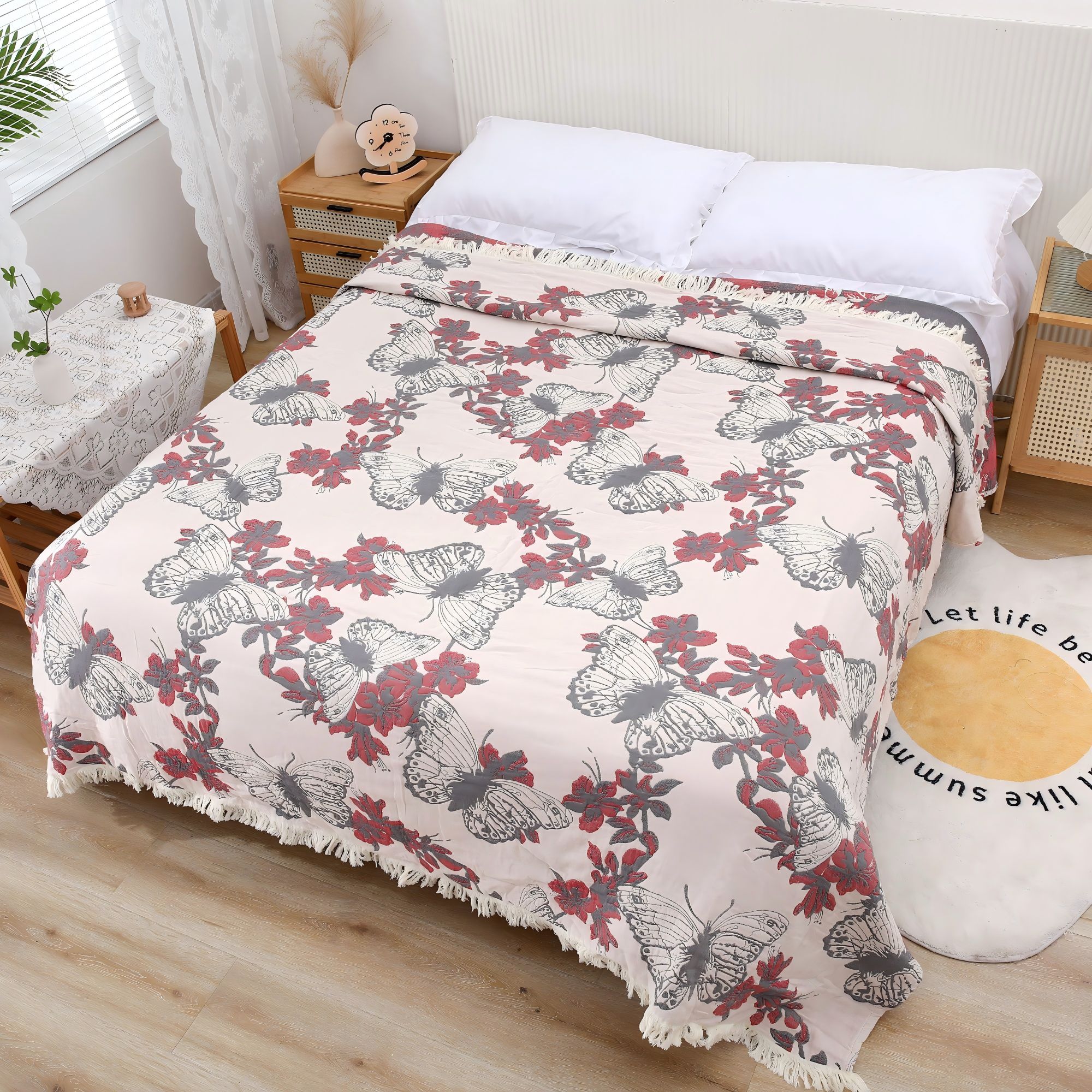 【蝴蝶流苏-单床盖】高端多功能提花工艺款四季用麻亲肤床盖毯