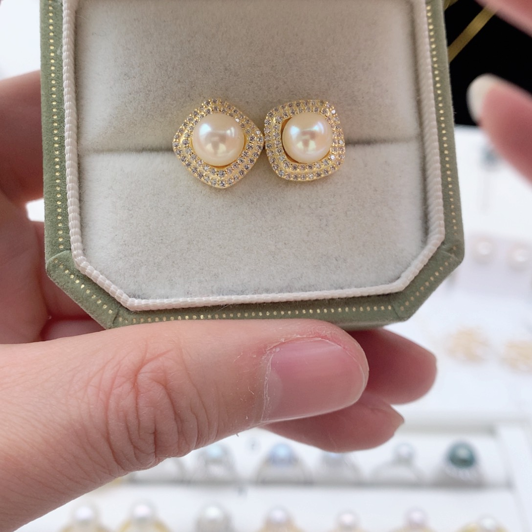 海水珍珠7-7.5mm羽皇金耳钉银S925镶嵌