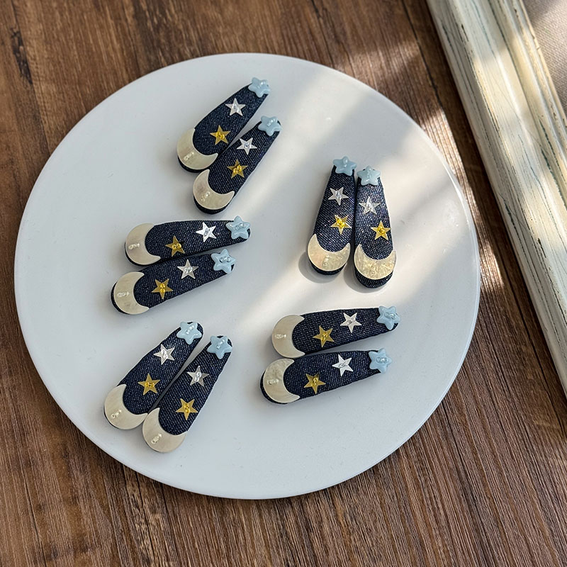 【满19.9包邮】预售手作款牛仔星月发夹儿童掰掰夹