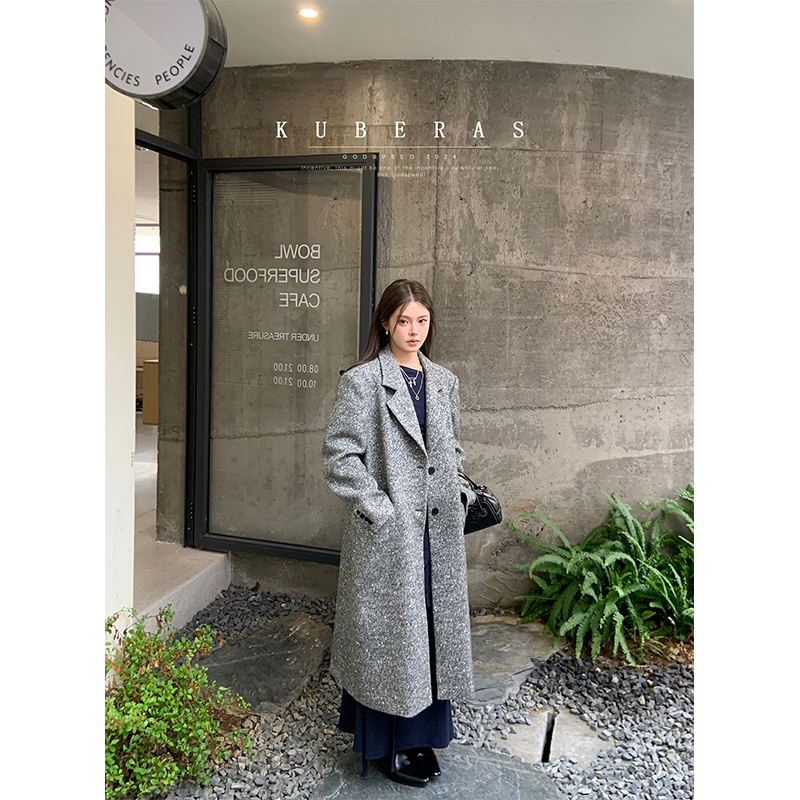 KUBERAS 含羊毛好品质 中长款粗花呢韩系翻领高级感毛呢外套女