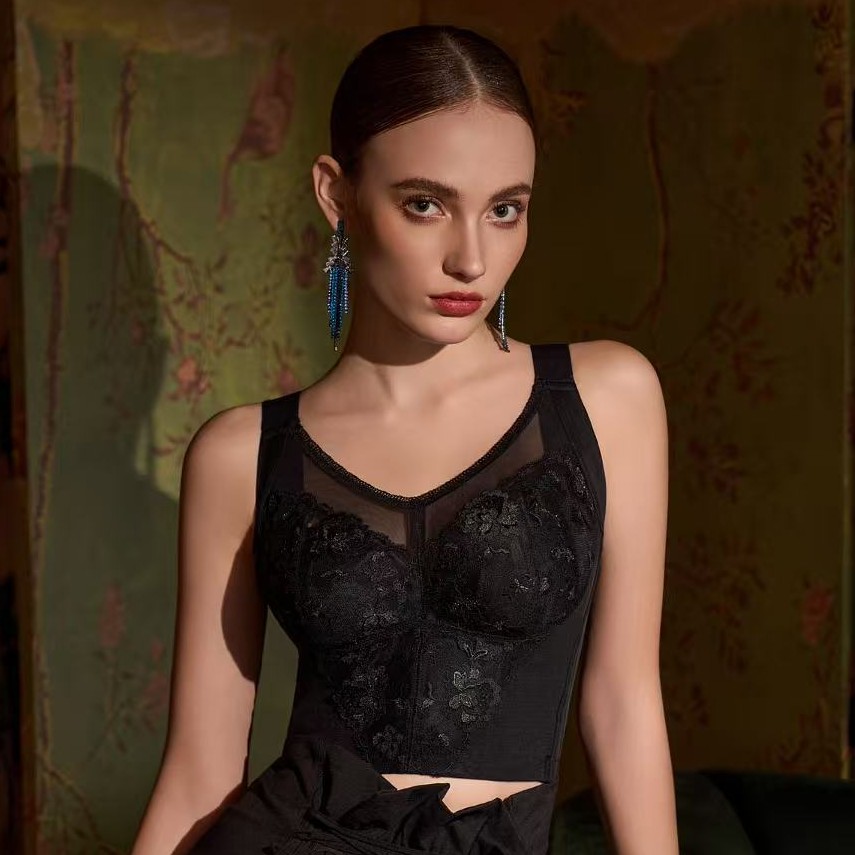 刺绣8排扣全罩杯大胸显小收副乳胃腩塑形美背内衣