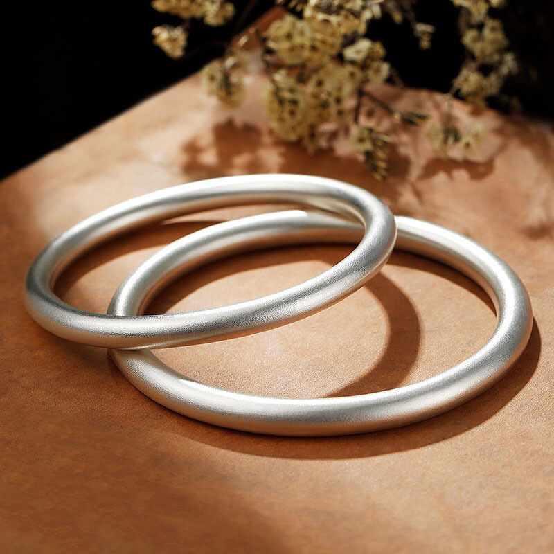 足银手镯 女款手工传承古法哑光磨砂闭口银质手环气质素圈手镯