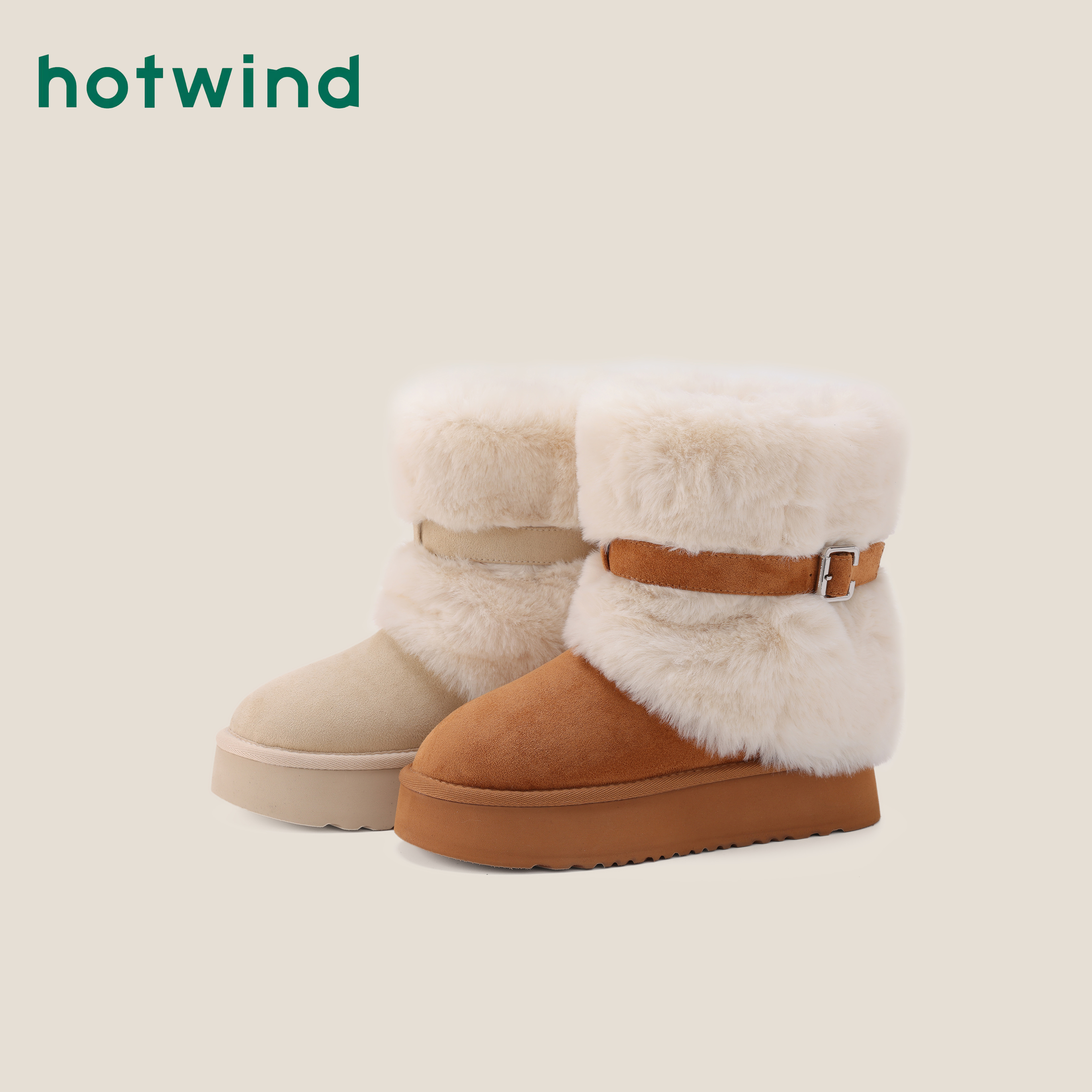 hotwind/热风圆头厚底女靴复古加绒雪地靴女2025新款冬季搭扣