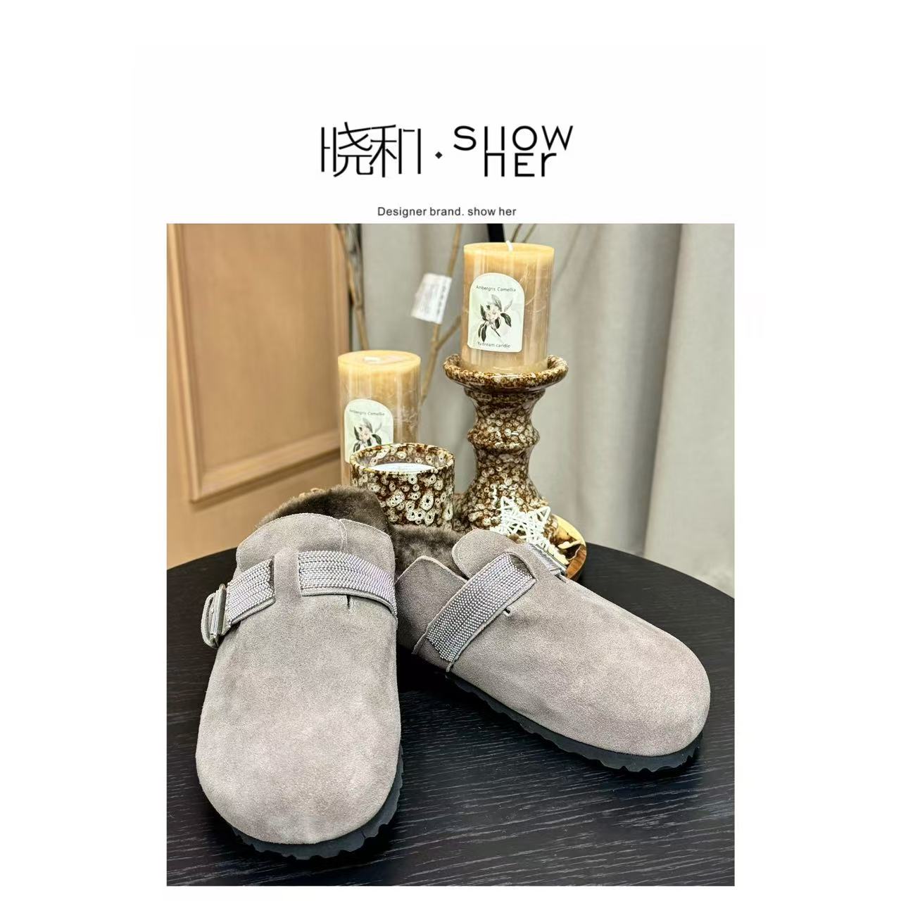 SHOW HER '勃肯鞋' 加绒灰色休闲风一字扣时尚秋冬极简风