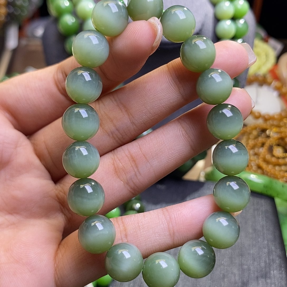 和田玉未镶嵌碧玉老矿猫眼粉青手串约11mm