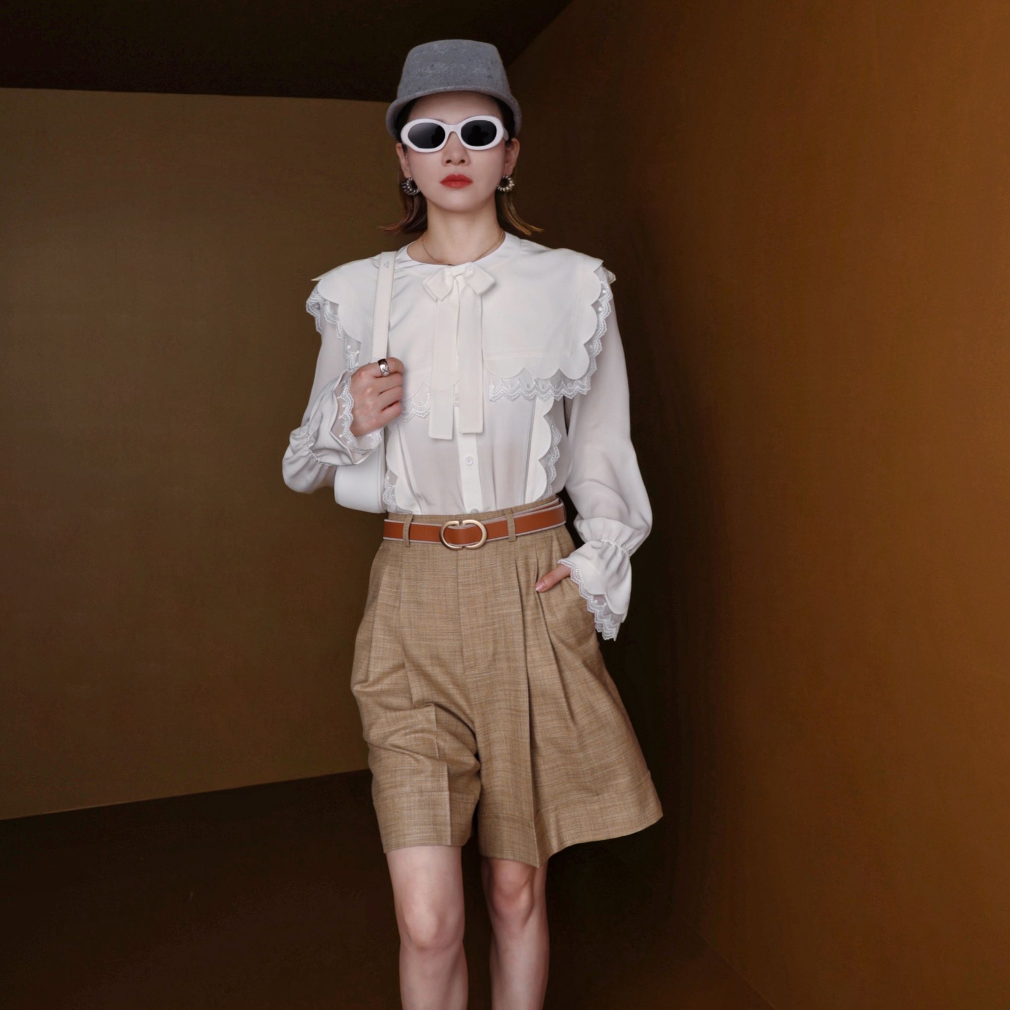 NancyCavally 重磅19MM双绉桑蚕丝 蕾丝花边双层真丝衬衫