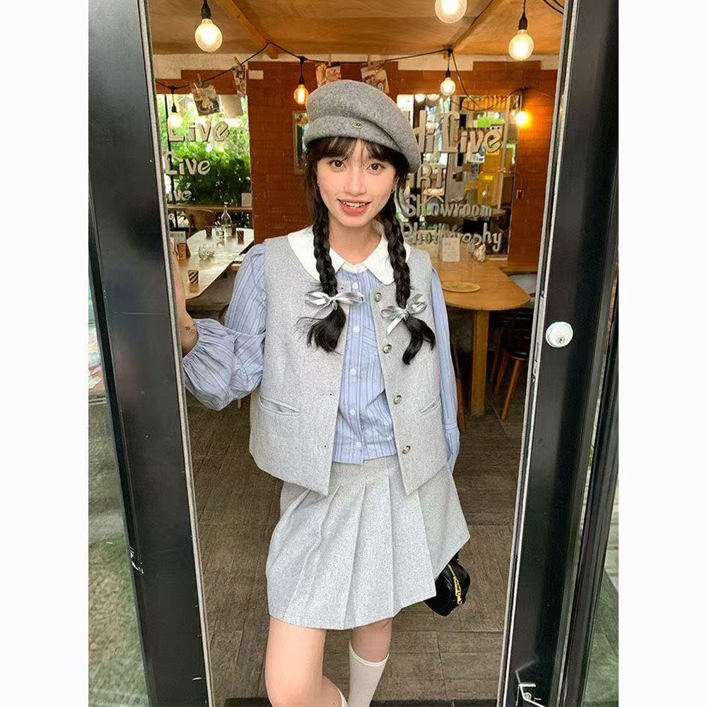 一整套穿搭法式气质富家千金风灰色马甲衬衫叠穿上衣套装