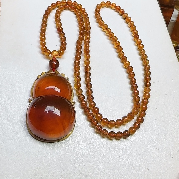 琥珀颈饰未镶嵌天然缅甸琥珀葫芦吊坠一套22.7克