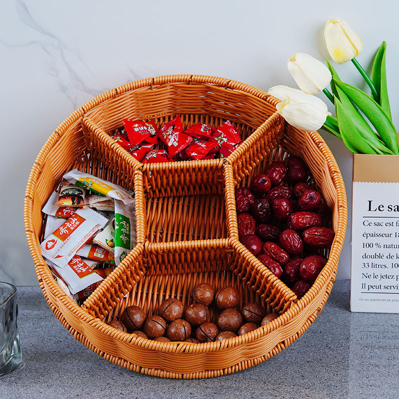 DL83 手工编织圆形五宫格食品零食面包点心客厅厨房通用收纳篮