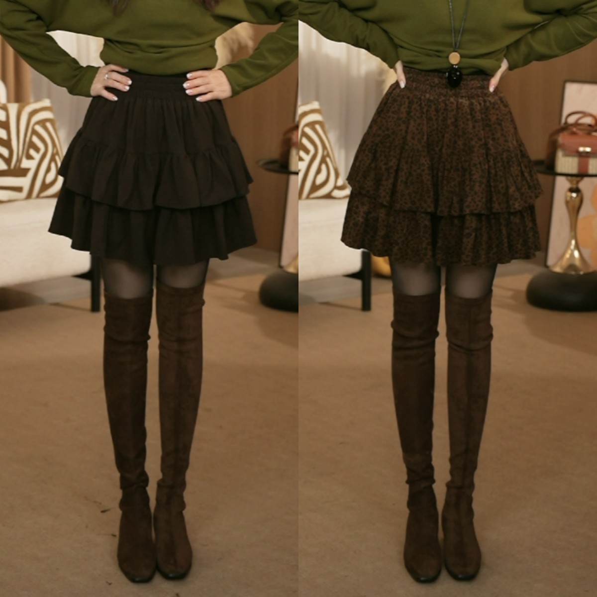 【风铃推荐】皮绒蛋糕裙2025冬季新款高腰显瘦豹纹半身裙气质百搭