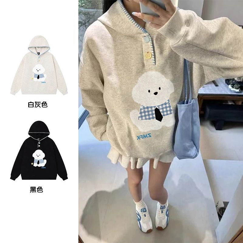 长袖字母情侣狗卫衣连帽落肩袖纽扣学生宽松女刺绣ins休闲韩版