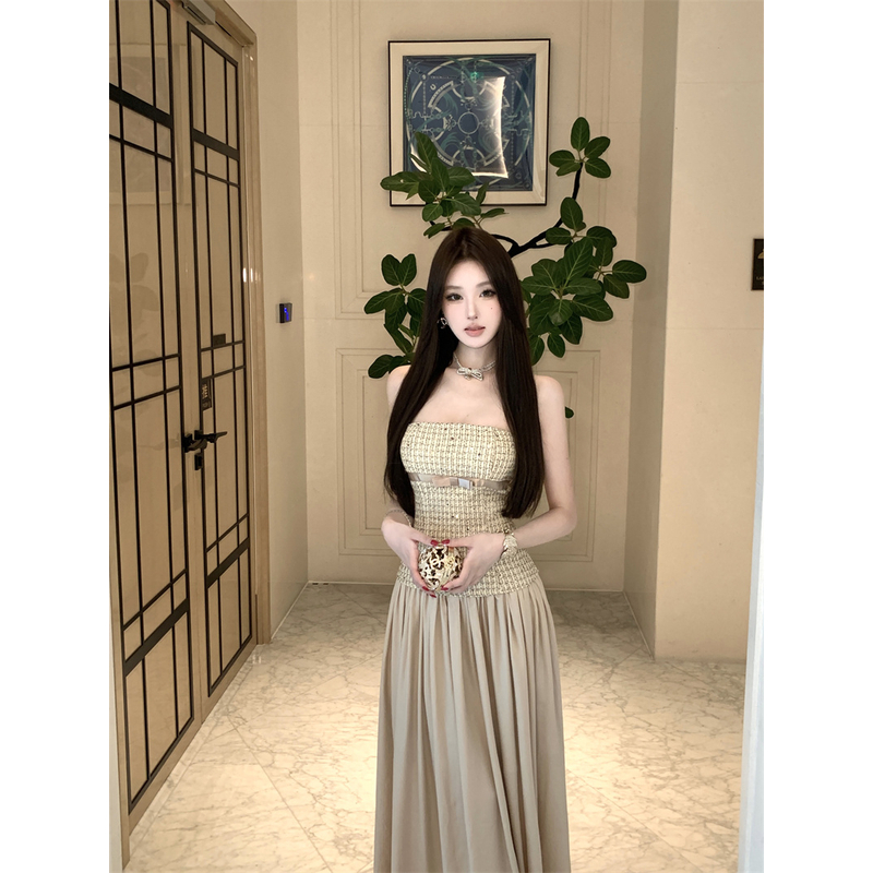 小香风抹胸连衣裙女秋冬设计感拼接缎面约会礼服长裙法式A字裙子