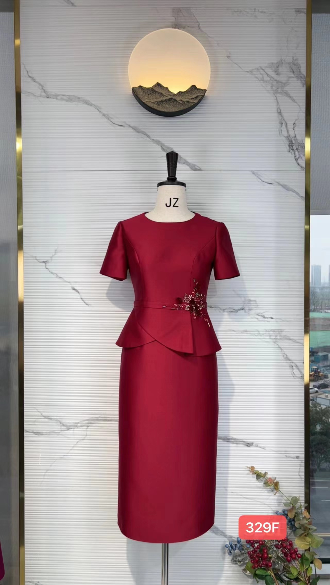 JZ高腰修身裙长裙七分袖修身礼服敬酒服女装婚礼显瘦时尚套装