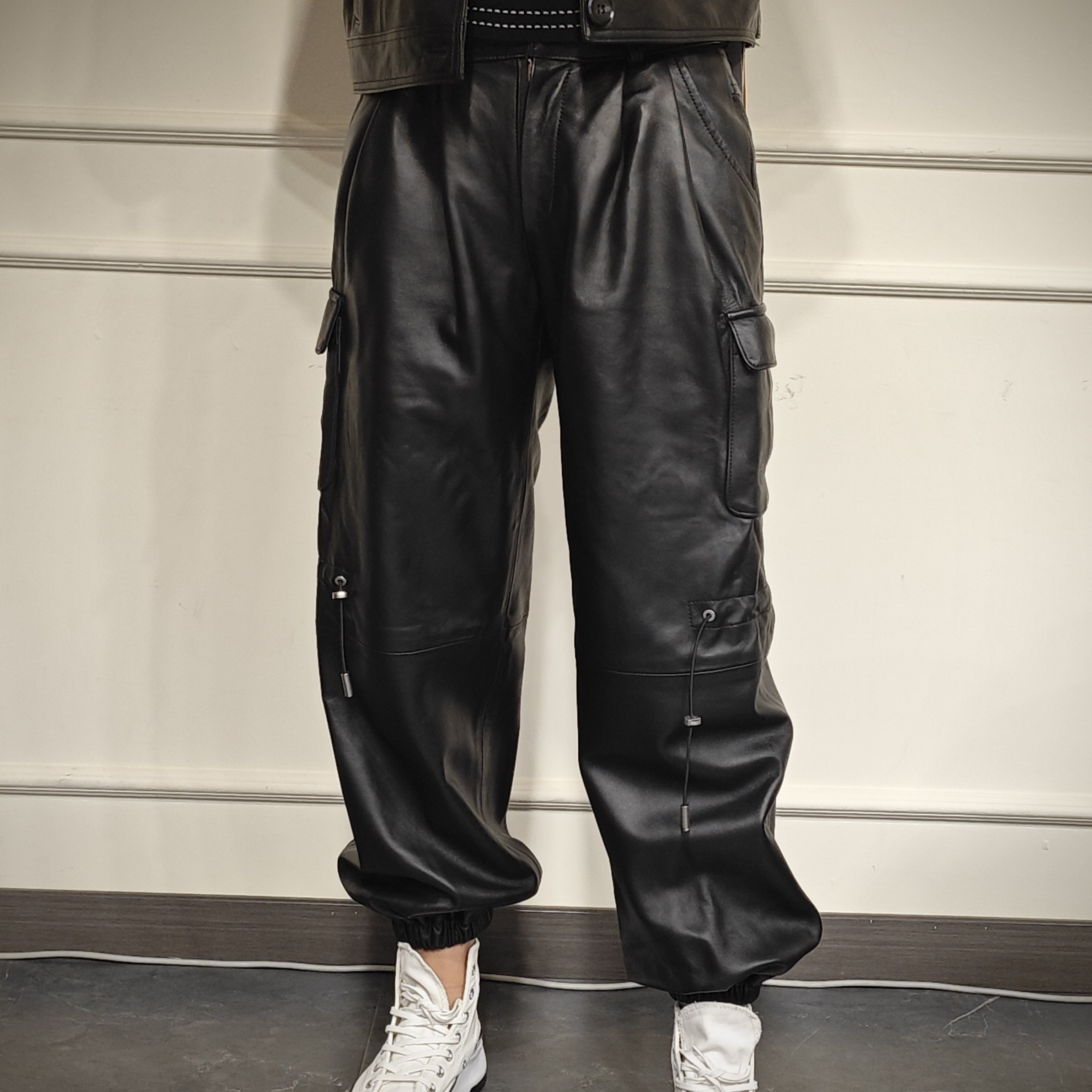 皇家贵夫人真皮皮裤绵羊皮阔腿裤休闲裤